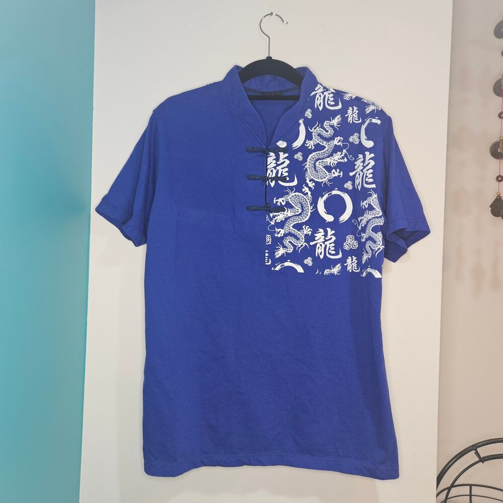 Vintage Blue Dragon Shirt – Asian Style Button Front